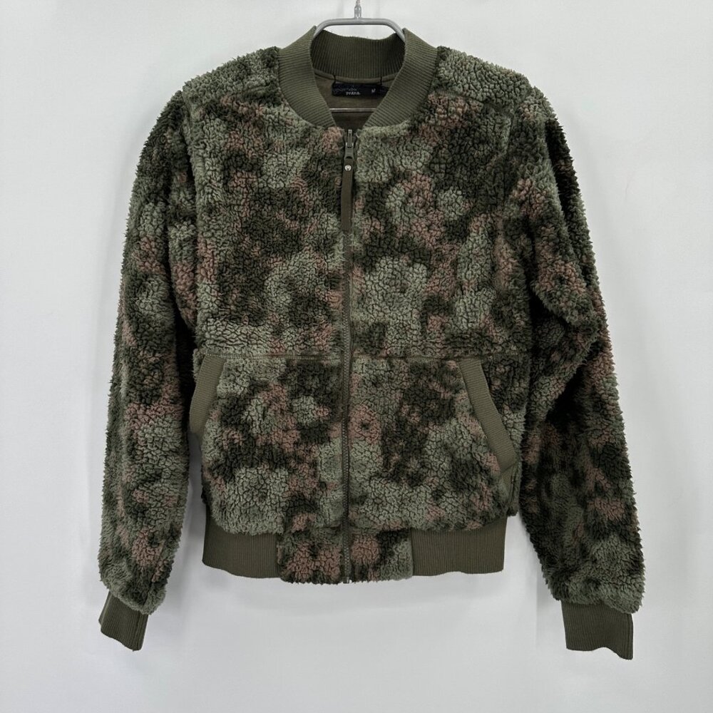 Prana Green Camo Sherpa Polar Escape Full Zip Bomber Jacket size M Women's
